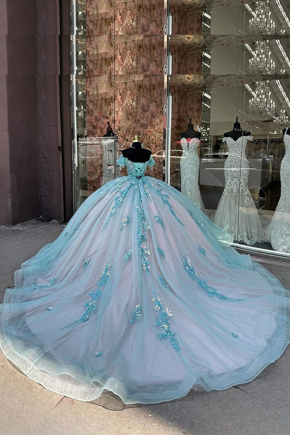 Off-the-Shoulder Quinceanera Ball Gown in Green Pink with Sequin Applique