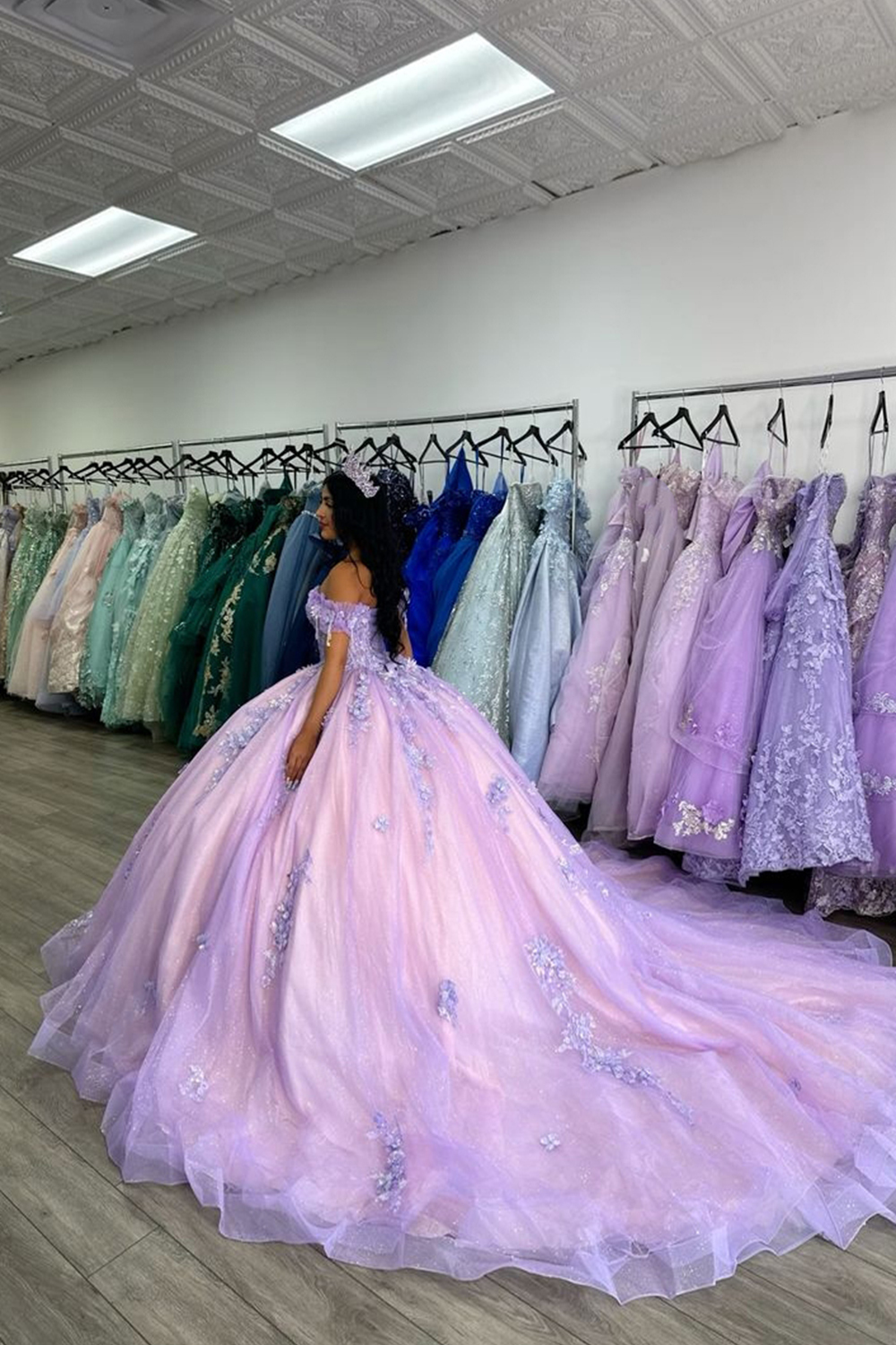 Lilac Sparkle Princess Quinceanera Dress with Off-Shoulder Applique and Train