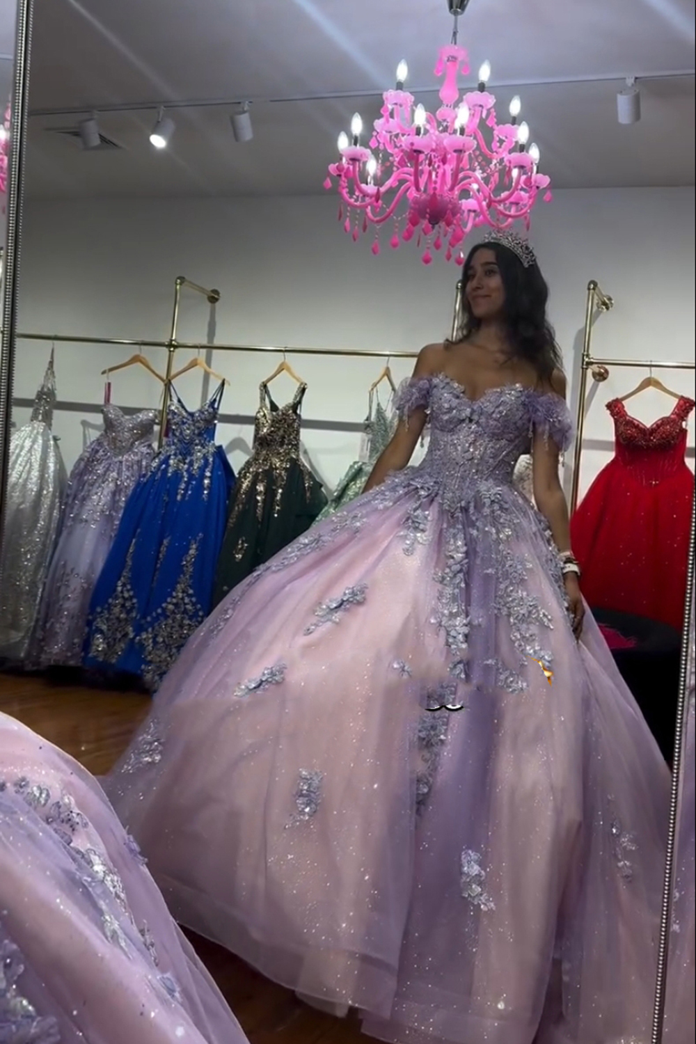Lilac Sparkle Princess Quinceanera Dress with Off-Shoulder Applique and Train