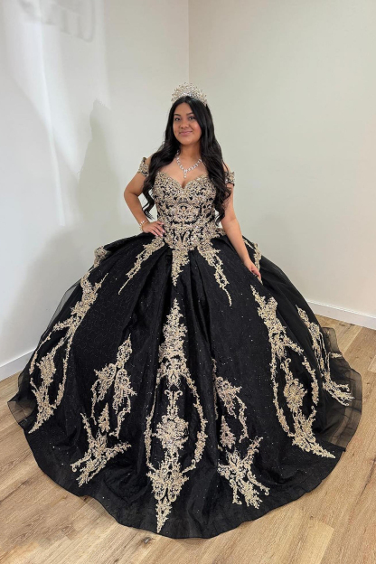 Off-the-Shoulder Black Golden Ball Gown with Sequin Appliques for Quinceanera