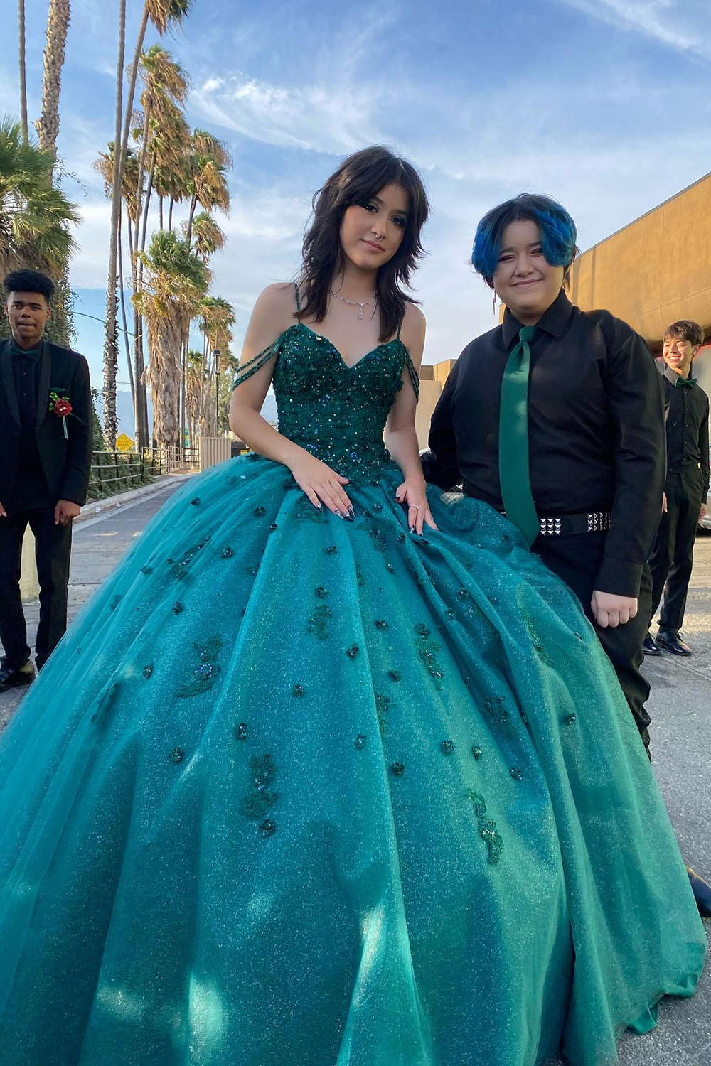 Quinceanera Ball Gown with Sparkly Dark Green Spaghetti Straps and Appliques