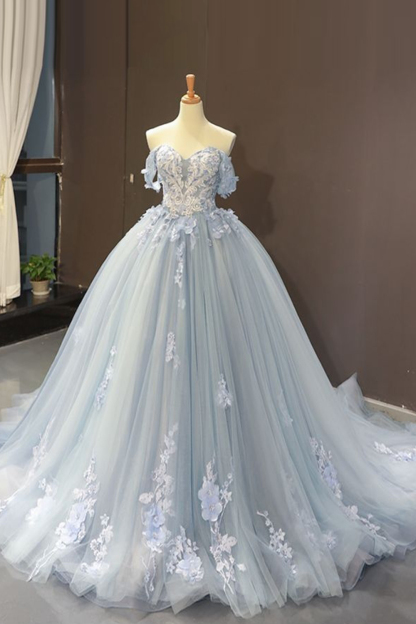 Off-the-Shoulder Princess Quinceanera Dress in Blue Tulle with Appliques