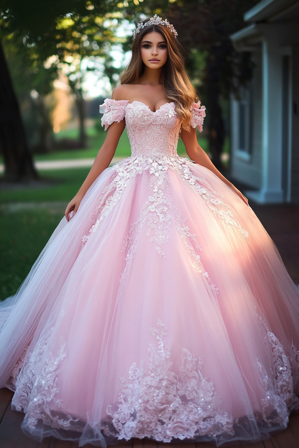 Quinceanera Princess Dress in Pink with Off-Shoulder Tulle and Appliques