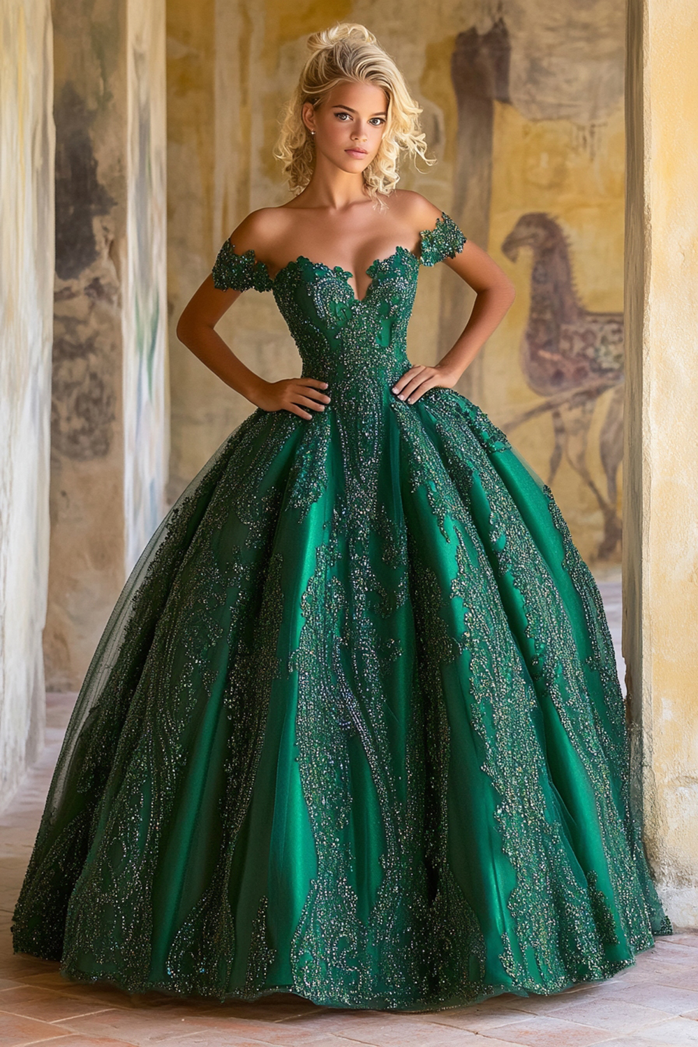 Beaded Dark Green Off-the-Shoulder Ball Gown with Sparkle for Quinceanera