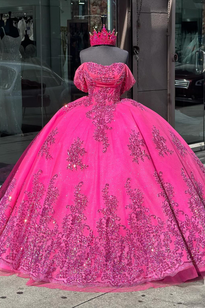 Fuchsia Sparkle Princess Off-Shoulder Tulle Quinceanera Dress with Applique and Train