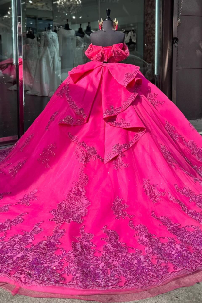 Fuchsia Sparkle Princess Off-Shoulder Tulle Quinceanera Dress with Applique and Train