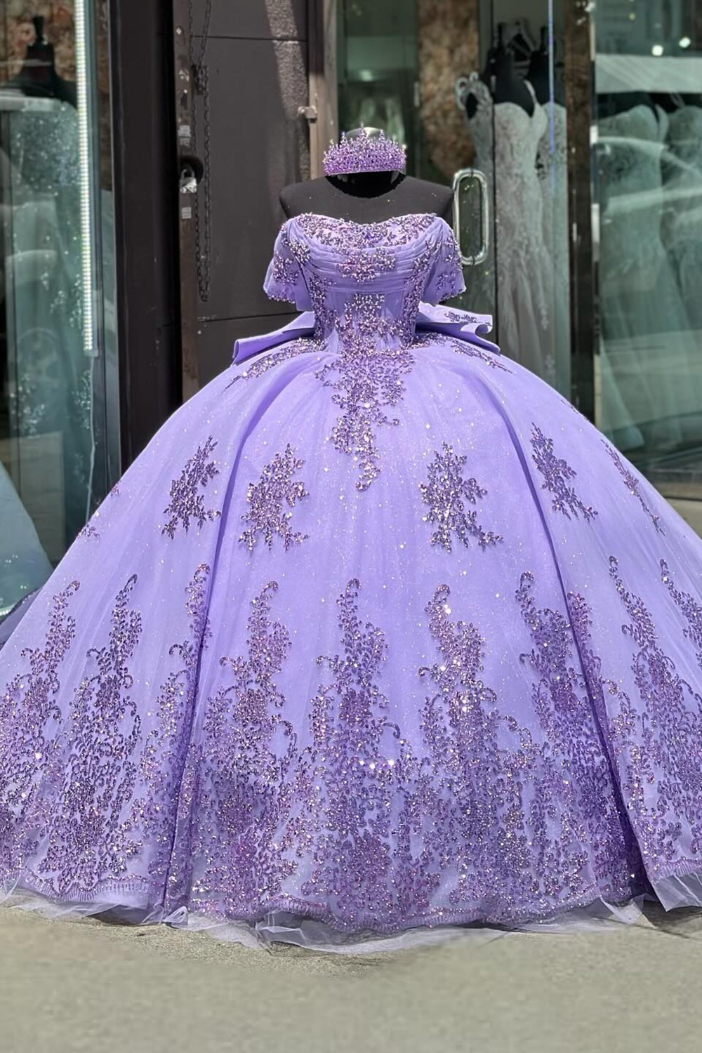 Off the Shoulder Purple Sparkly Tulle Quinceanera Ball Gown with Applique and Train