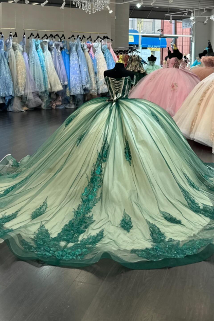 Off-the-Shoulder Dark Green Quinceanera Dress with Beaded Applique and Sequins on Tulle