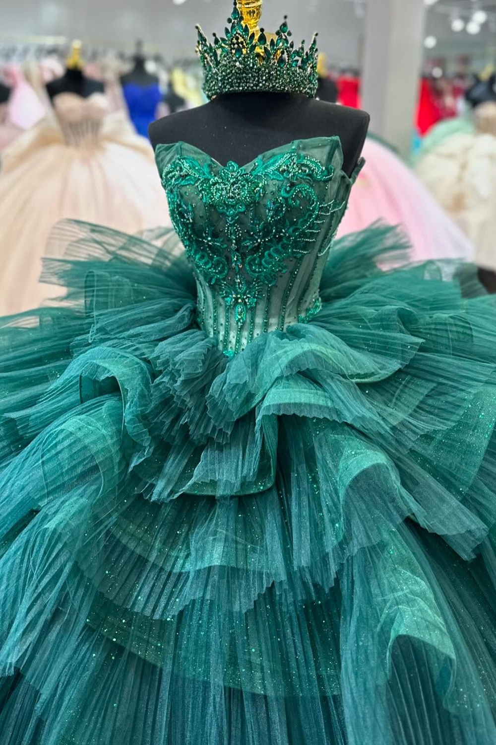 Sweetheart Dark Green Sparkly Tiered Princess Dress with Beaded Pleated Tulle