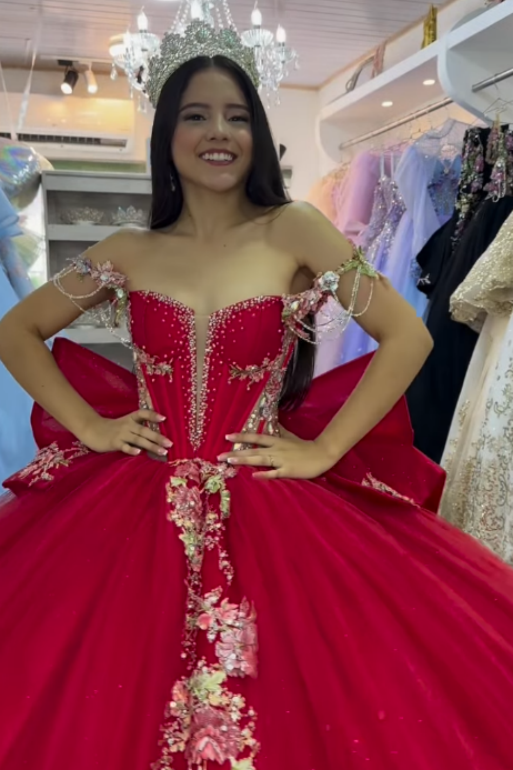 Long Tulle Quinceanera Dress with Beaded Embroidery and Bow in Pink Off the Shoulder Style