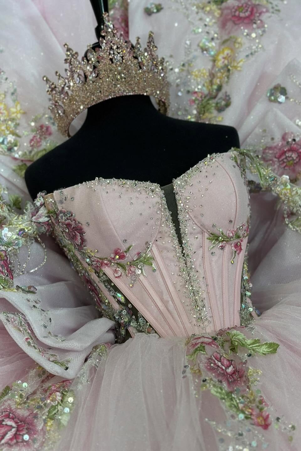 Long Tulle Quinceanera Dress with Beaded Embroidery and Bow in Pink Off the Shoulder Style