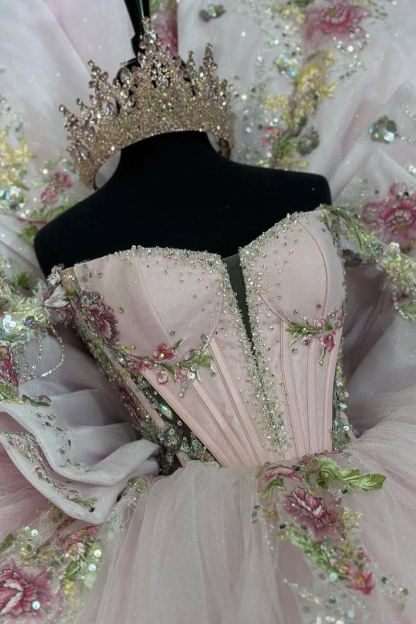 Long Tulle Quinceanera Dress with Beaded Embroidery and Bow in Pink Off the Shoulder Style