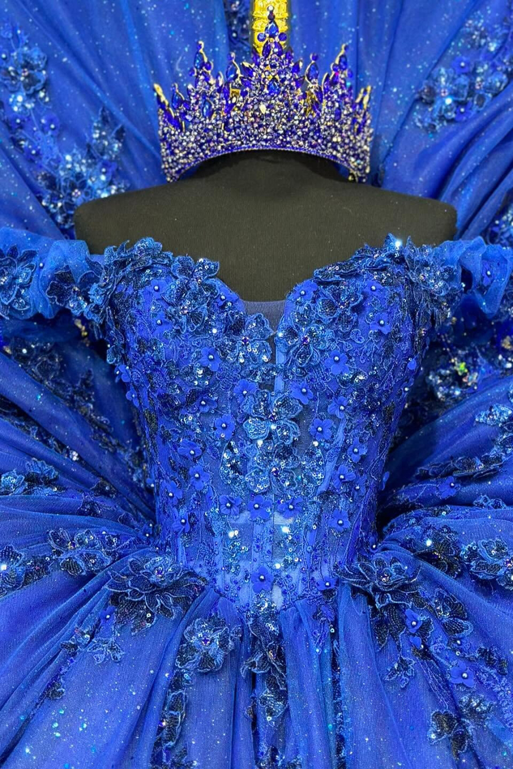 Royal Blue Sparkly Off-Shoulder Tulle Quinceanera Dress with Sequins