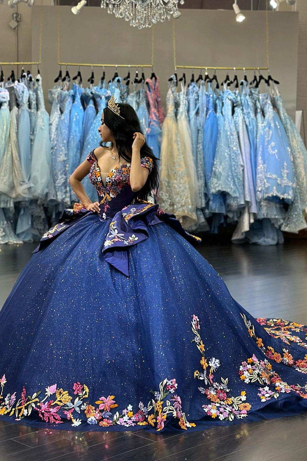 Navy Sparkle Off-Shoulder Applique Tulle Quinceanera Ball Gown with Train
