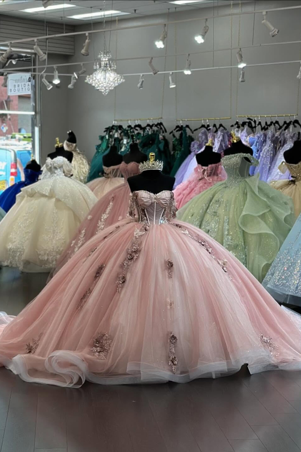 Off the Shoulder Beaded Ball Gown in Blush Tulle for Quinceanera