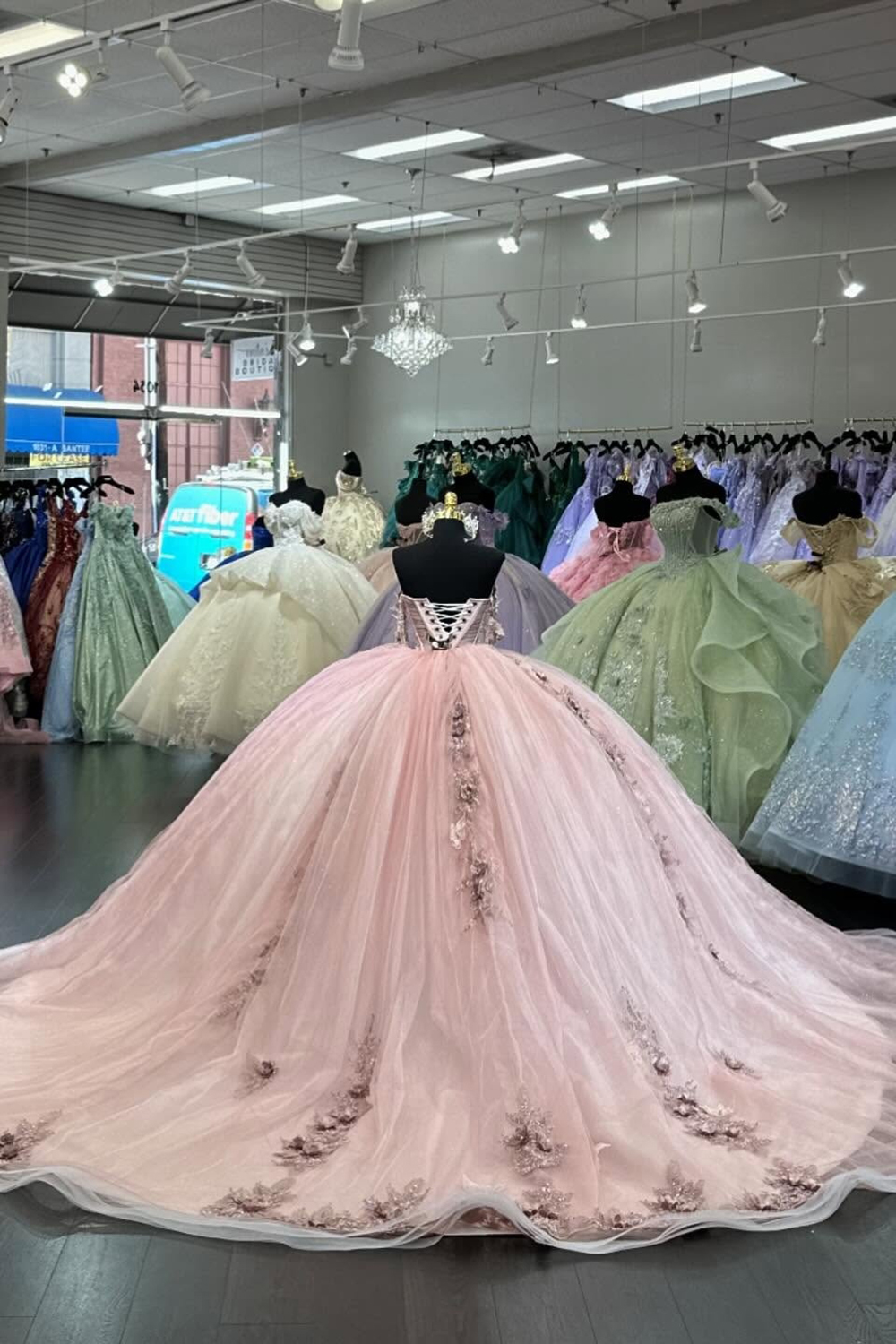 Off the Shoulder Beaded Ball Gown in Blush Tulle for Quinceanera