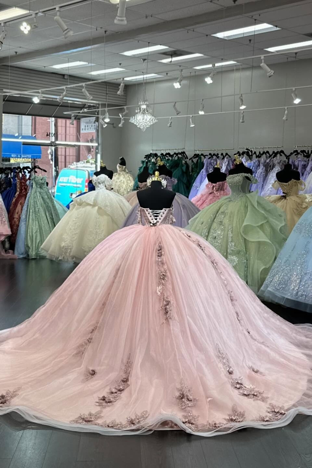 Off the Shoulder Beaded Ball Gown in Blush Tulle for Quinceanera