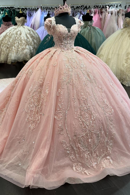 Princess Tulle Quinceanera Dress with Sparkly Blush Beaded Applique and Square Neck Train