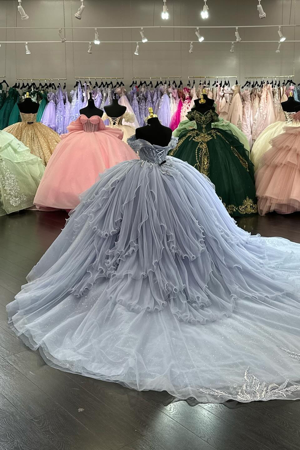 Light Blue Sparkly Off-the-Shoulder Tulle Quinceanera Ball Gown with Applique and Train