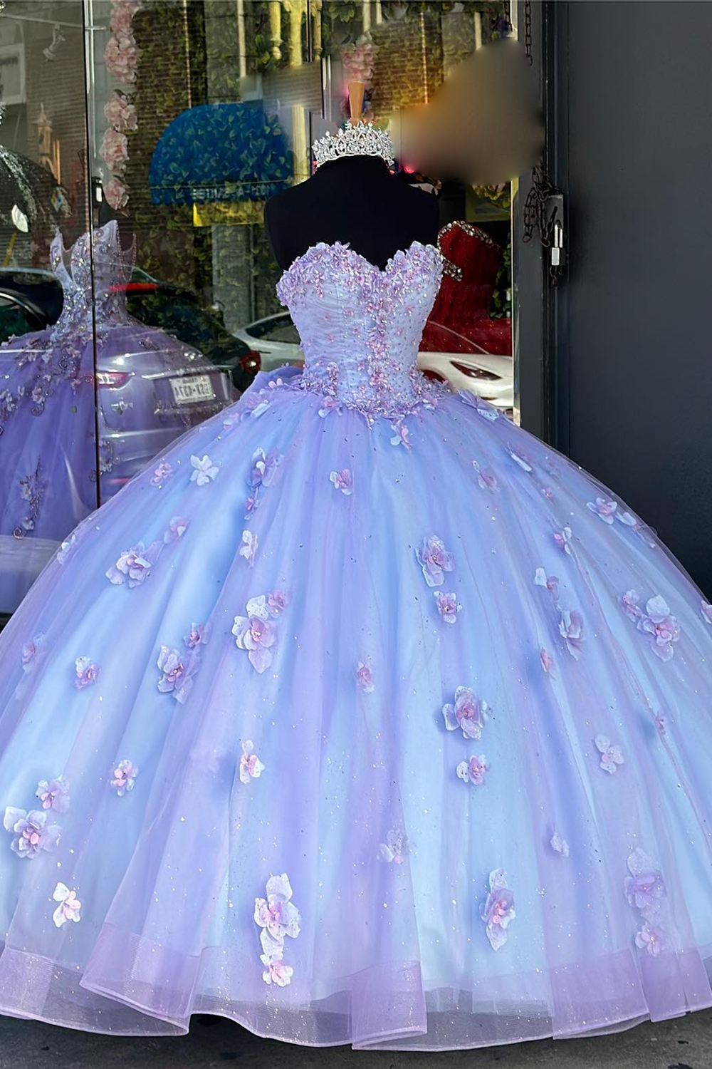 Sweetheart Ball Gown in Sparkly Blue Lilac Floral Tulle with Long Sleeves for Quinceanera