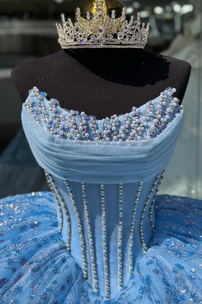 Blue Sparkle Princess Quinceanera Dress with Beaded Strapless Tulle and Sequins