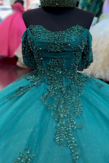 Dark Green Sparkly Off-the-Shoulder Princess Tulle Quinceanera Dress with Beaded Applique and Sequins