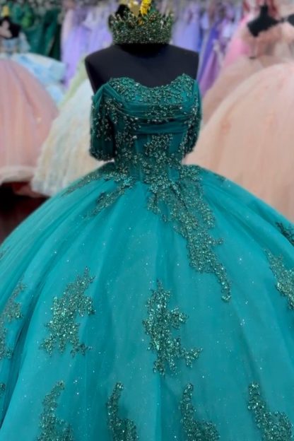 Dark Green Sparkly Off-the-Shoulder Princess Tulle Quinceanera Dress with Beaded Applique and Sequins