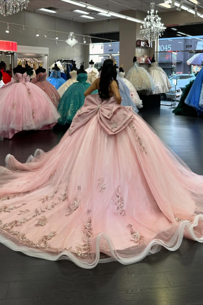 Sweetheart Ball Gown with Blush Beaded Applique Bow and Tulle Train for Quinceanera
