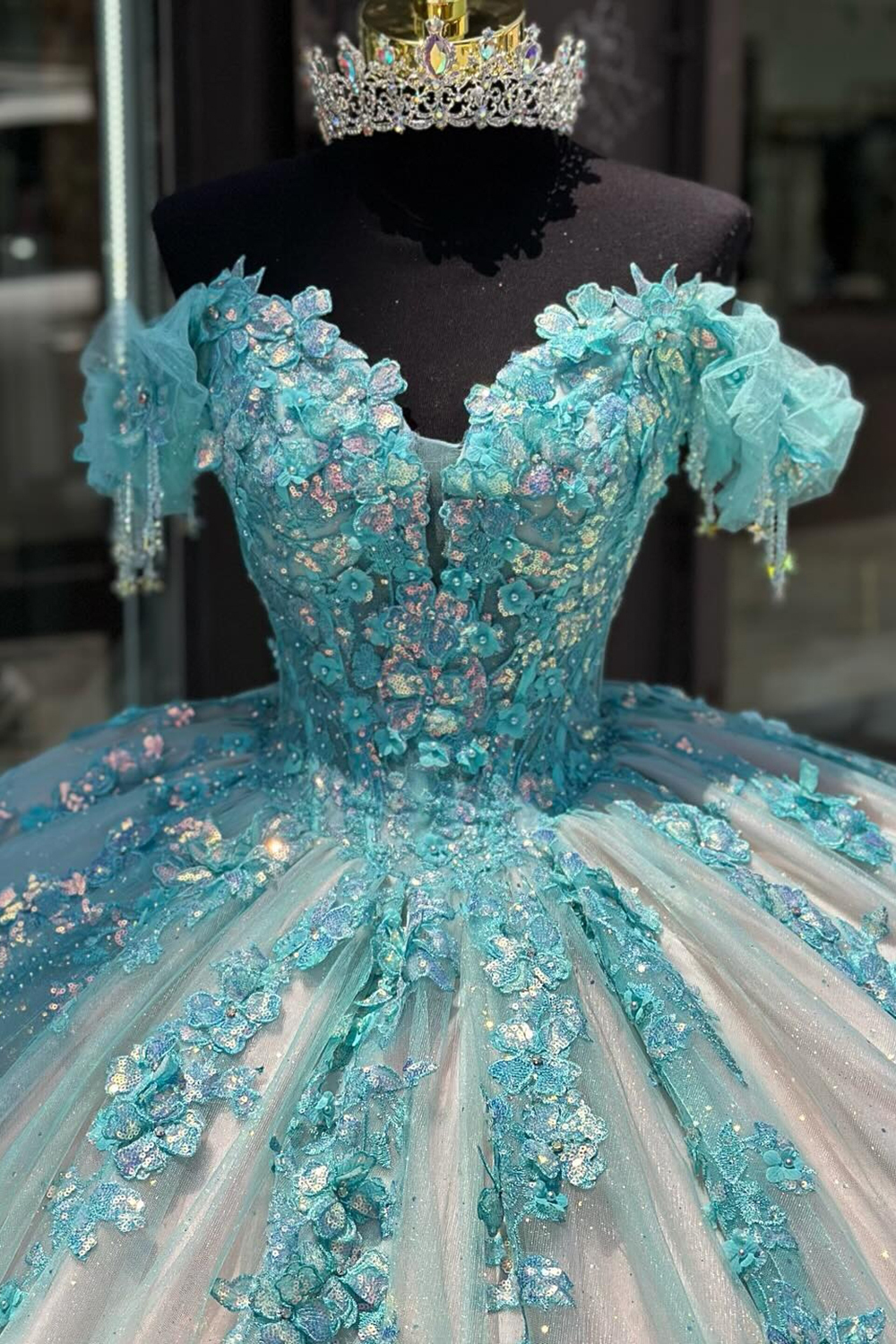 Green and Pink Sparkling Off-Shoulder Princess Tulle Dress with Sequin Applique and Train for Quinceanera