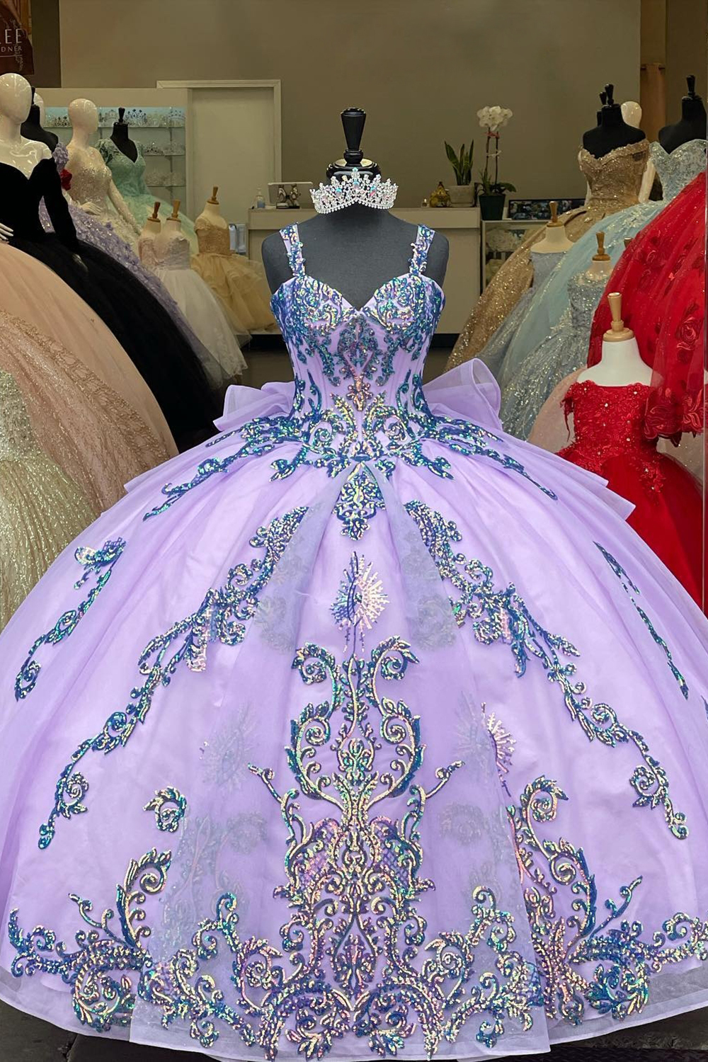Princess Quinceanera Dress in Purple with Sequin Applique, Spaghetti Straps, and Long Sleeves