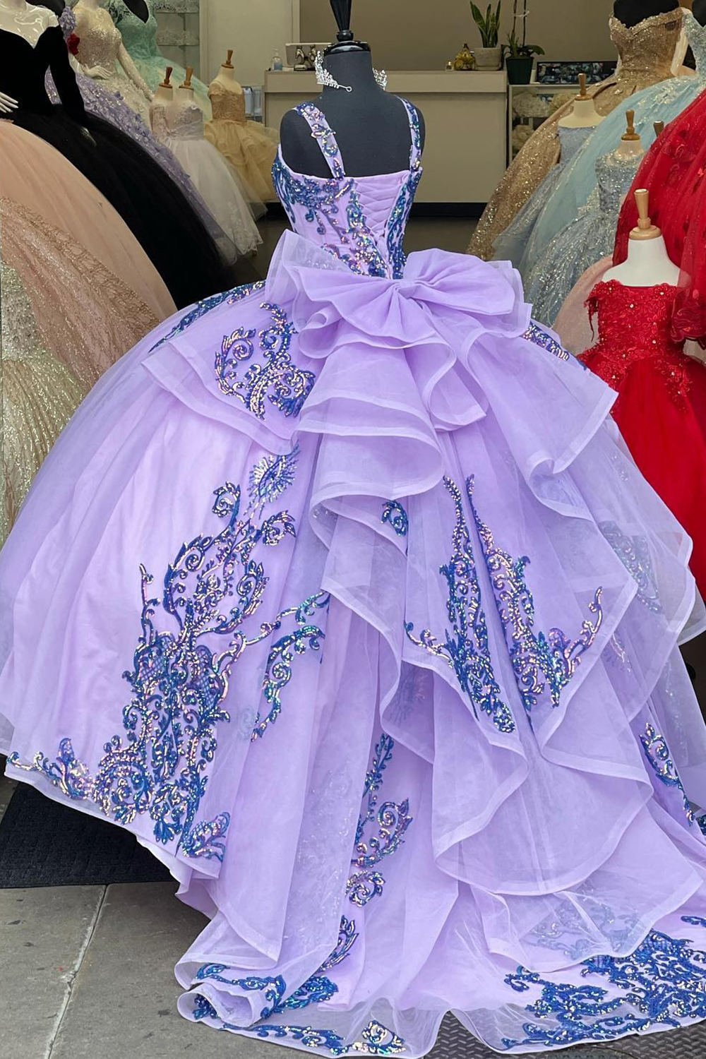 Princess Quinceanera Dress in Purple with Sequin Applique, Spaghetti Straps, and Long Sleeves
