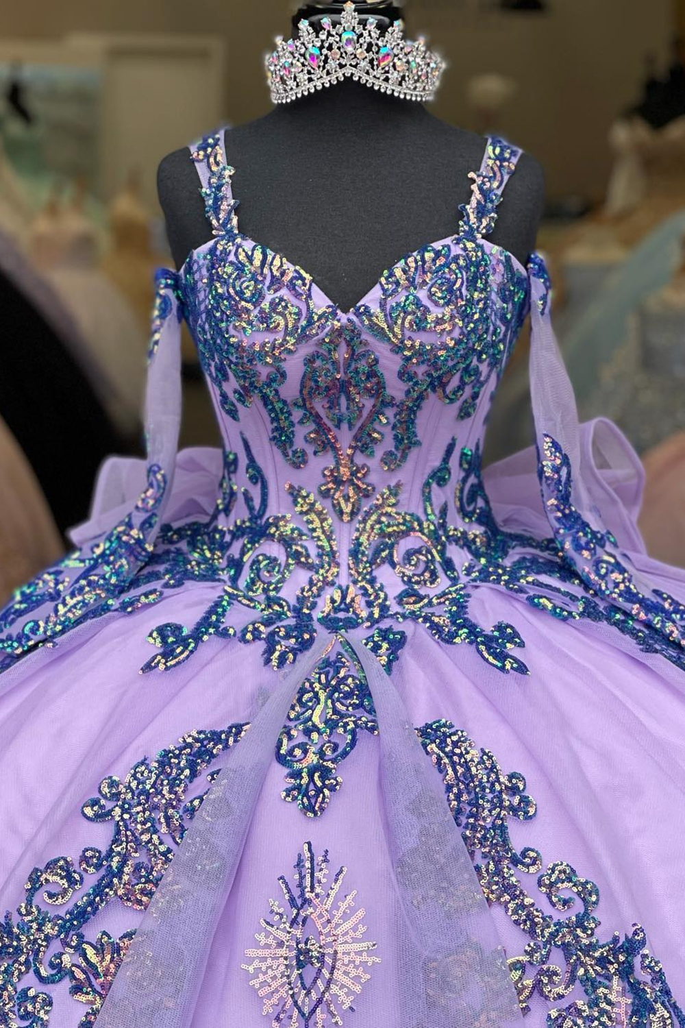 Princess Quinceanera Dress in Purple with Sequin Applique, Spaghetti Straps, and Long Sleeves
