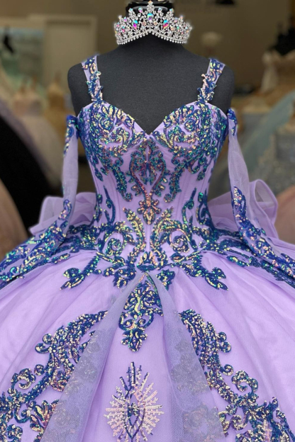 Princess Quinceanera Dress in Purple with Sequin Applique, Spaghetti Straps, and Long Sleeves
