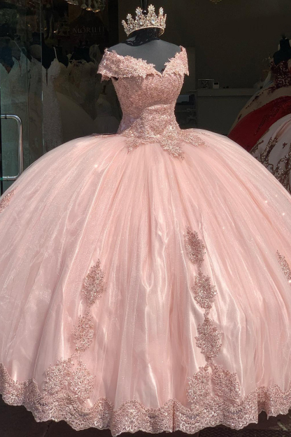 Off the Shoulder Sparkly Blush Ball Gown with Applique and Tulle for Quinceanera
