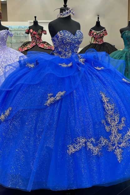 Royal Blue Sparkle Sweetheart Ball Gown with Applique Tulle Quinceanera Dress