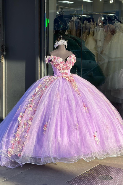 Off-the-Shoulder Lilac Tulle Quinceanera Ball Gown with Floral Applique