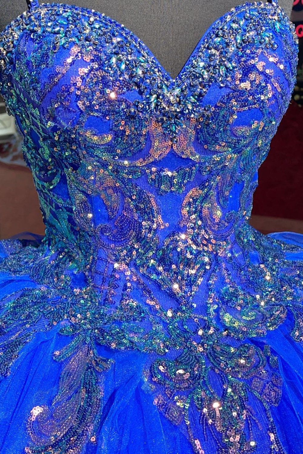 Royal Blue Sparkle Sequin Applique Tulle Quinceanera Dress with Spaghetti Straps
