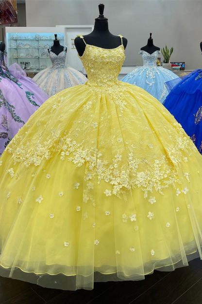 Princess Ball Gown with Yellow Spaghetti Straps and Tulle Applique for Quinceanera