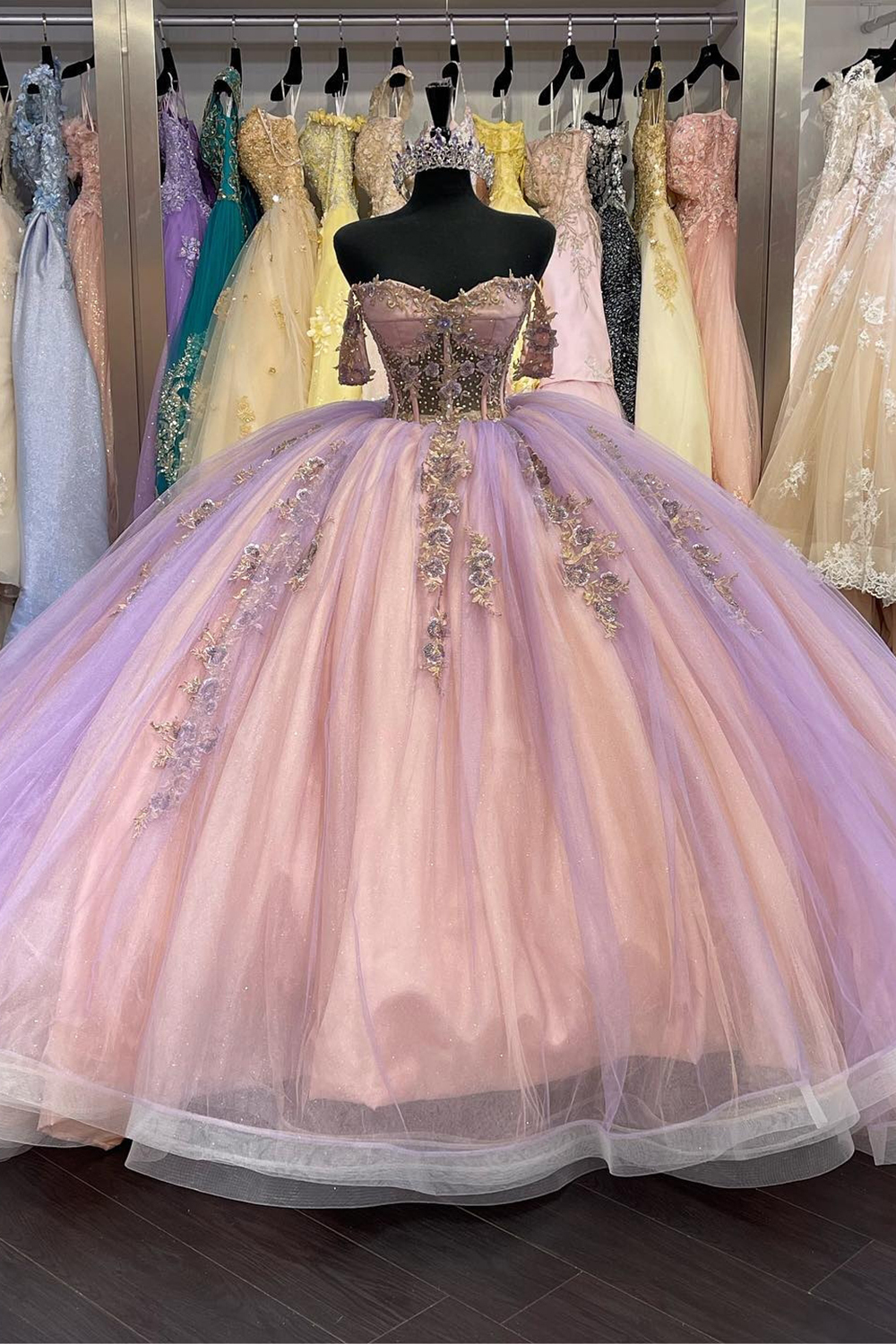 Off the Shoulder Princess Tulle Dress with Lilac Blush Applique for Quinceanera