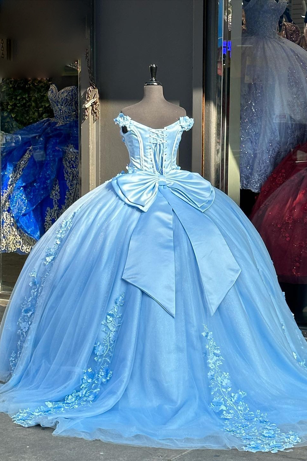 Off the Shoulder Blue Floral Ball Gown with Applique and Bow, Tulle Quinceanera Dress