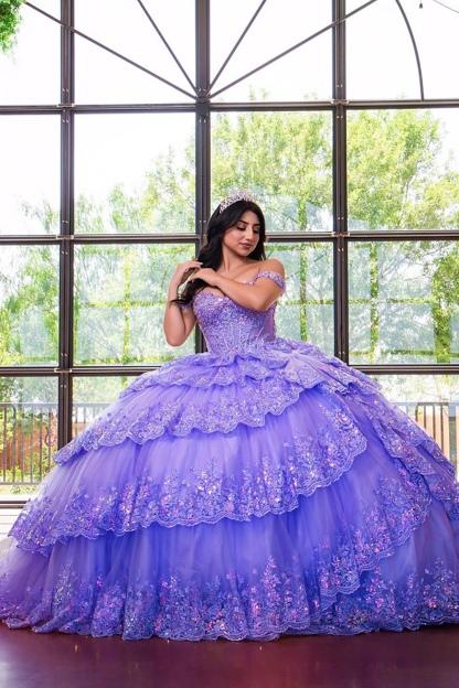 Sequined Lavender Off-Shoulder Princess Dress with Tiered Tulle for Quinceanera