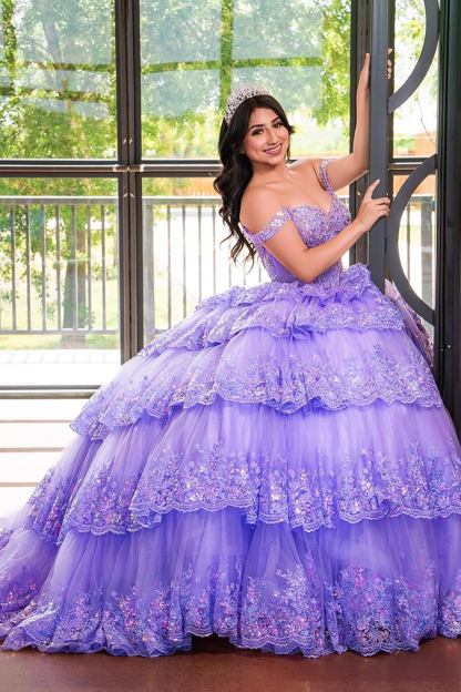 Sequined Lavender Off-Shoulder Princess Dress with Tiered Tulle for Quinceanera