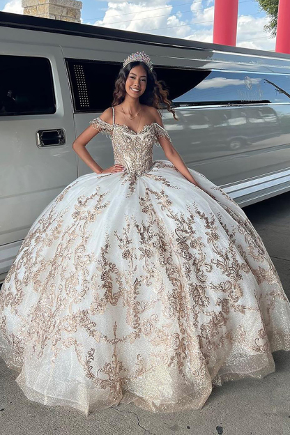 Golden Ivory Cold Shoulder Ball Gown with Sparkly Sequins for Quinceanera