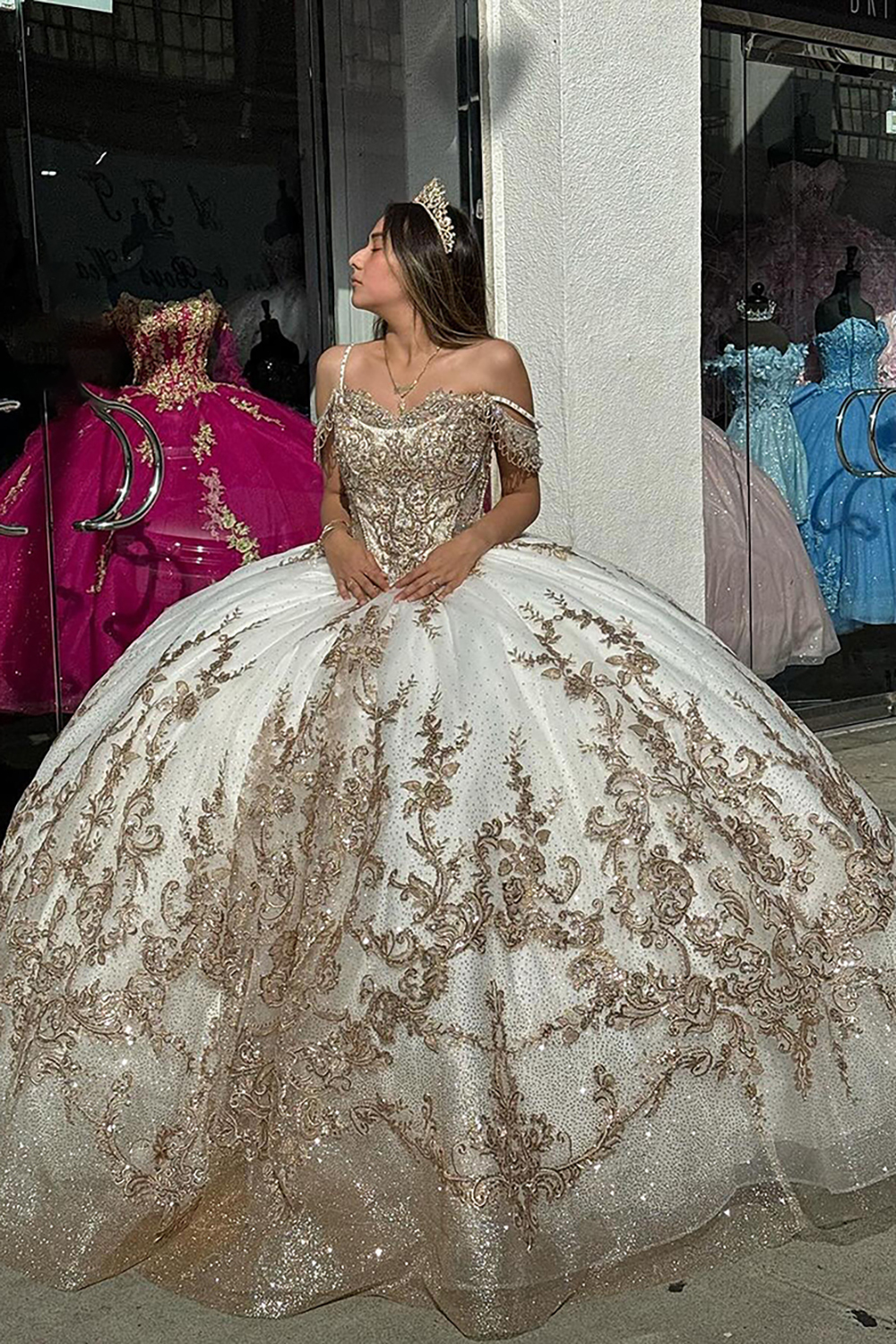 Golden Ivory Cold Shoulder Ball Gown with Sparkly Sequins for Quinceanera