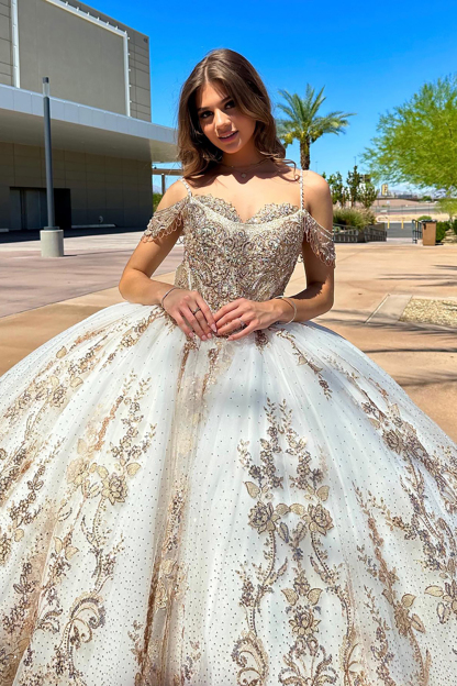 Golden Ivory Cold Shoulder Ball Gown with Sparkly Sequins for Quinceanera