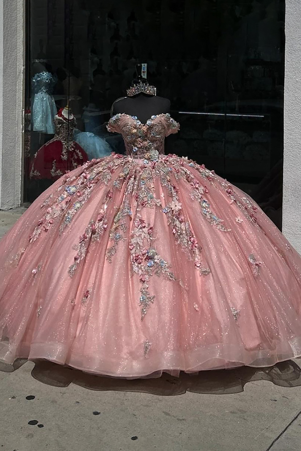 Off-the-Shoulder Quinceanera Dress with Sparkly Rose Appliques and 3D Flowers