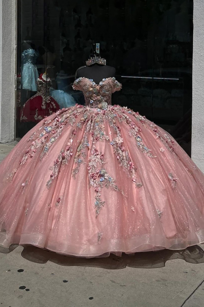 Off-the-Shoulder Quinceanera Dress with Sparkly Rose Appliques and 3D Flowers