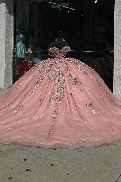 Off-the-Shoulder Quinceanera Dress with Sparkly Rose Appliques and 3D Flowers