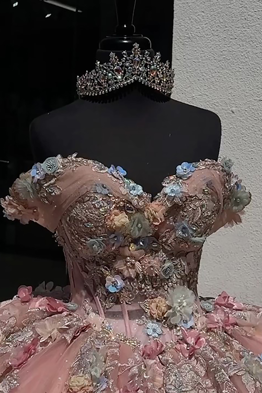 Off-the-Shoulder Quinceanera Dress with Sparkly Rose Appliques and 3D Flowers