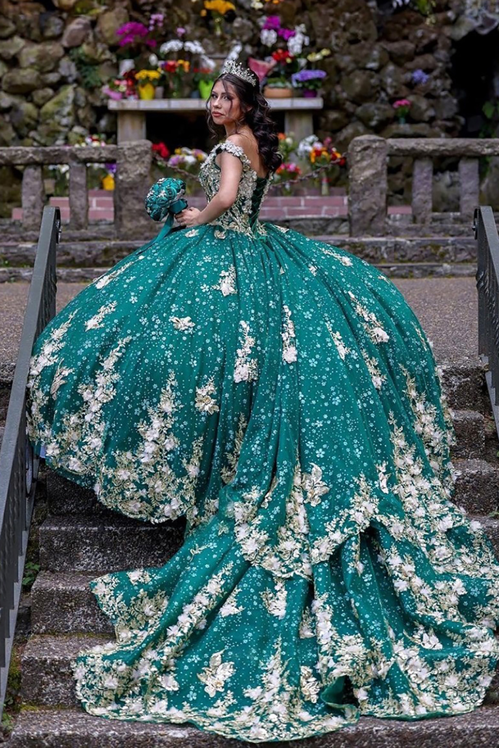 Golden Green Appliqued Off-the-Shoulder Quinceanera Ball Gown